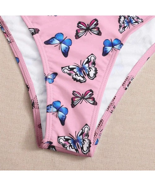 Sets Women Butterfly Print High Waist Two Pieces Bikini Swimwear Swimsuit Beachwear for Ladies - Pink - CB19C9HWHZD