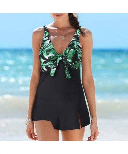 Sets Women's 2 Pieces Bathing Suits Plus Size Bow Tankini Flowy Push-Up Swimsuit Green - CF18OSS3G44