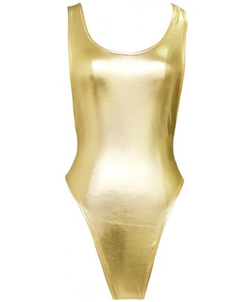 One-Pieces Sexy Women Leather One-Piece Thongs Leotard Bodysuit Swimsuit - Gold - CP12C3LSCPP