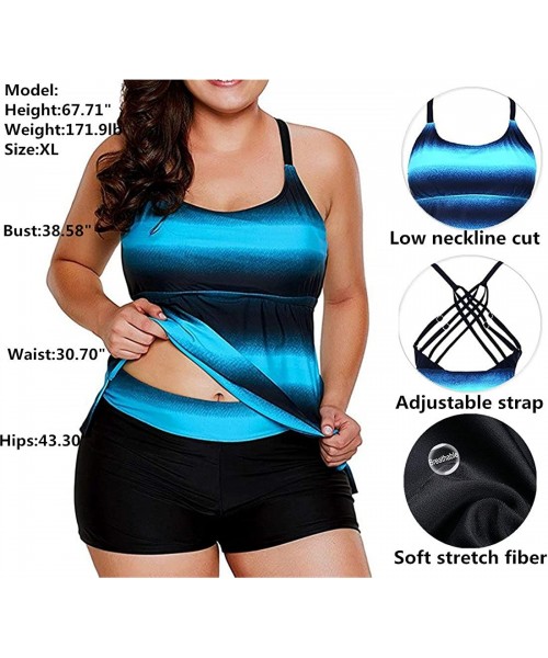 Tankinis Women's Plus Size Tankini Swimsuits Color Block Top with Boyshort Swimwear - Blue - CM18GT8CITX