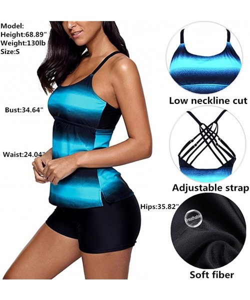 Tankinis Women's Plus Size Tankini Swimsuits Color Block Top with Boyshort Swimwear - Blue - CM18GT8CITX