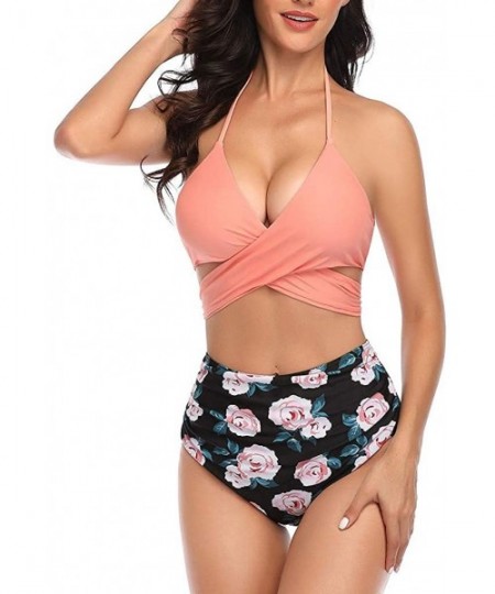 Sets Women Two Piece Sunflower Swimsuit Outfit Halter Neck Crop Cami Top with High Waist Shorts - Pink a - CD199SDR29Y