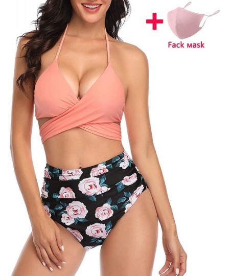 Sets Women Two Piece Sunflower Swimsuit Outfit Halter Neck Crop Cami Top with High Waist Shorts - Pink a - CD199SDR29Y