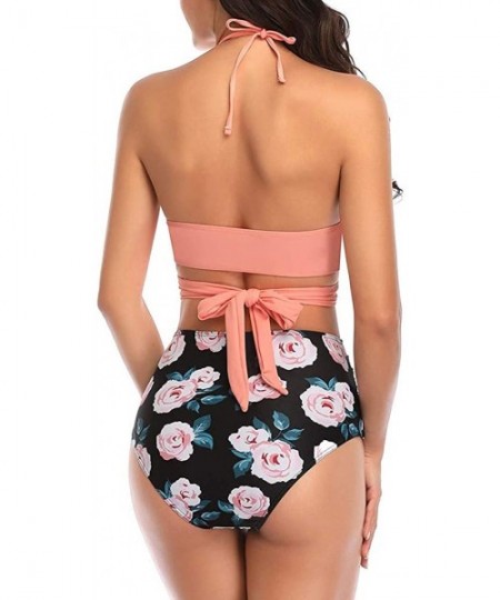 Sets Women Two Piece Sunflower Swimsuit Outfit Halter Neck Crop Cami Top with High Waist Shorts - Pink a - CD199SDR29Y