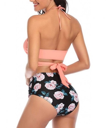 Sets Women Two Piece Sunflower Swimsuit Outfit Halter Neck Crop Cami Top with High Waist Shorts - Pink a - CD199SDR29Y