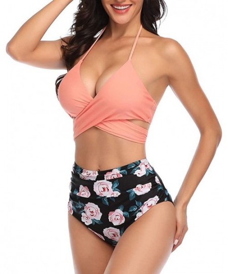 Sets Women Two Piece Sunflower Swimsuit Outfit Halter Neck Crop Cami Top with High Waist Shorts - Pink a - CD199SDR29Y