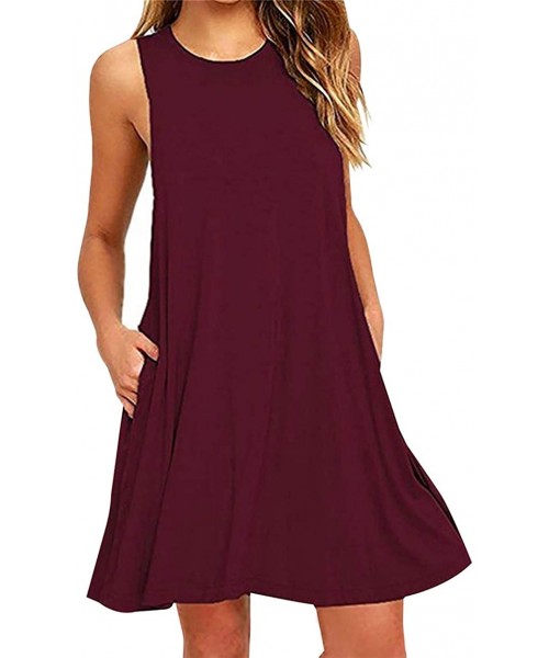 Cover-Ups Womens Sleeveless Summer Beach Dress T Shirt Simple Loose Sundress with Pockets Plus Size S-3XL - Wine Red - C3196I...