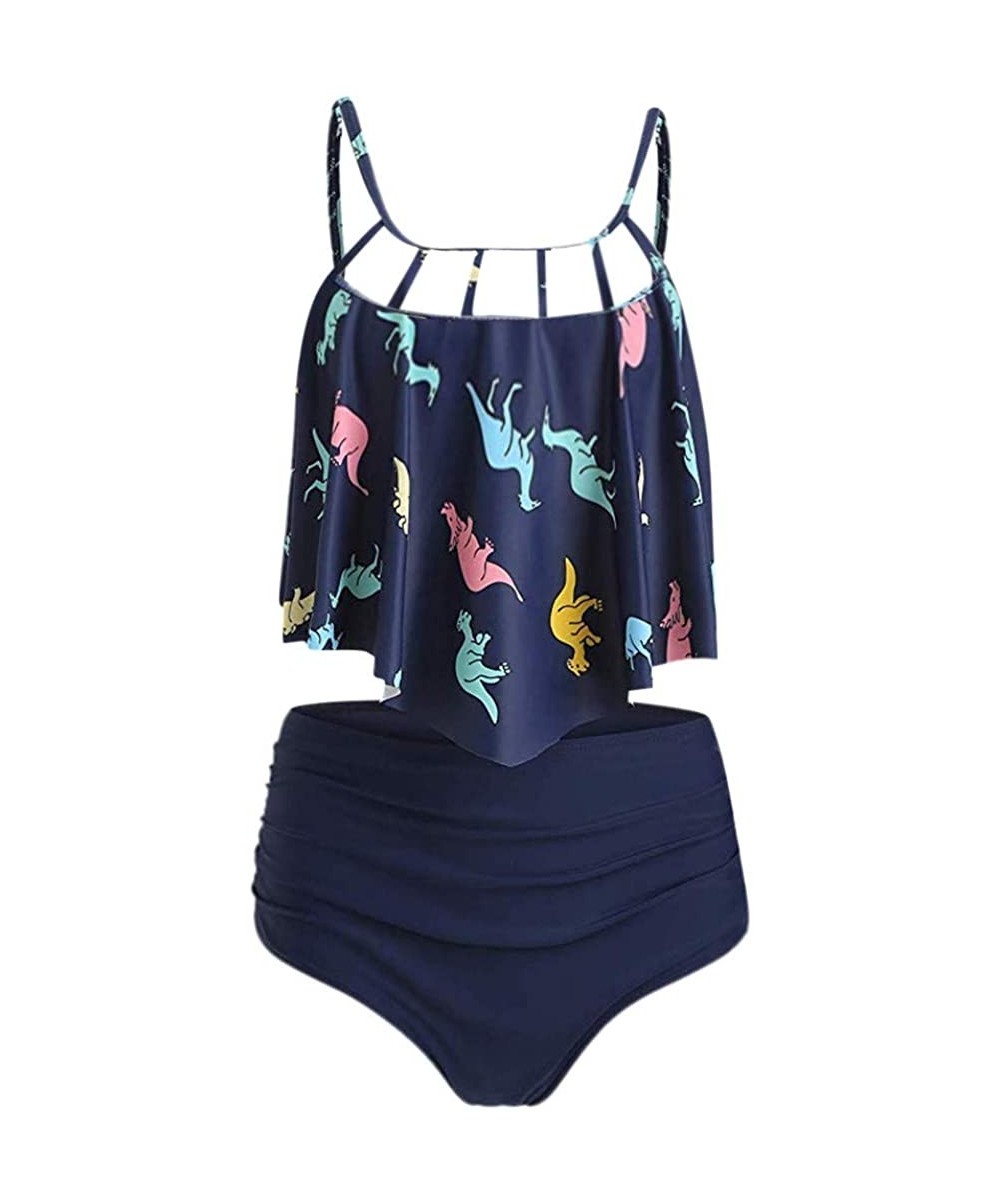 Sets Rosegal Women's Straps Dinosaur Print Ruched High Waist Two Piece Bikini Set Swimsuit Swimwear Bathing - Navy - CK18SY7KZDL