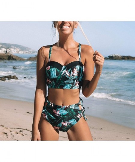 Sets Sexy Floral Print High Waist Swimsuit Bikini Push Up Swimwear Women Vintage Biquini Bathing Suit Maillot De Bain Green2 ...