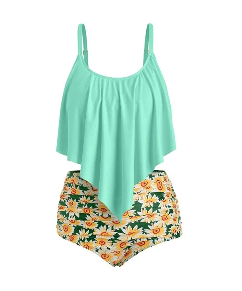 Sets Women Ruffled High Waisted Tankini Set Retro Flounce Flounce Swimwear Sunflower Buttom 2PC Bathing Suit - Green - CX18SG...