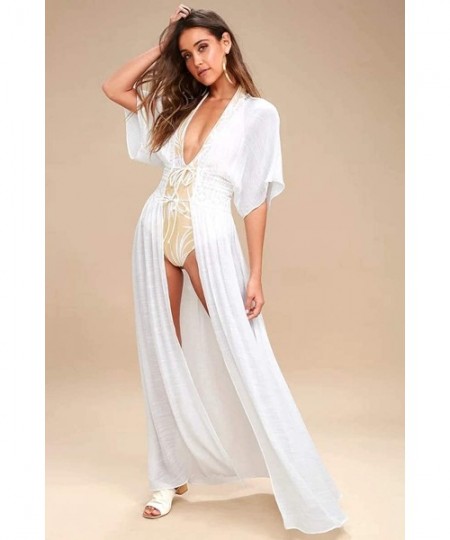 Cover-Ups Womens Bathingsuit Cover up Swimwear Bikini Lace Floral Long Maxi Beach Dress (One Size- 36ZJ White) - CV18HW97N96