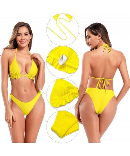 Sets Women's Halter Triangle Bikini Brazilian Cheeky Bottom Two Piece Swimsuits - Yellow - CB18AC7XC3C