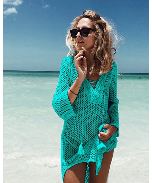 Cover-Ups Women's Bathing Suit Cover-ups Swimwear Crochet Tunic Bikini Cover Up Beach Swimsuit Dress - Green - C418QHUHSLL