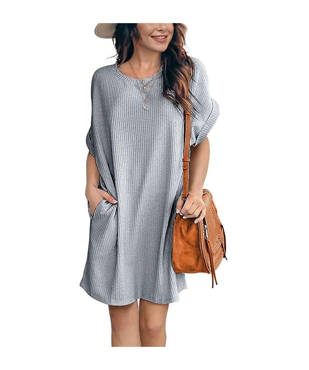 Cover-Ups Women Waffle Knit Tunic Dress Casual Summer Short Sleeve Loose Dresses Cover Up Beach Dresses with Pocket 13 Light ...