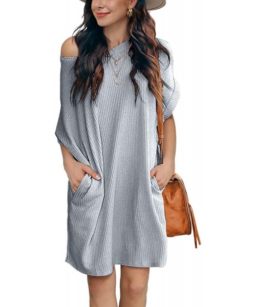 Cover-Ups Women Waffle Knit Tunic Dress Casual Summer Short Sleeve Loose Dresses Cover Up Beach Dresses with Pocket 13 Light ...