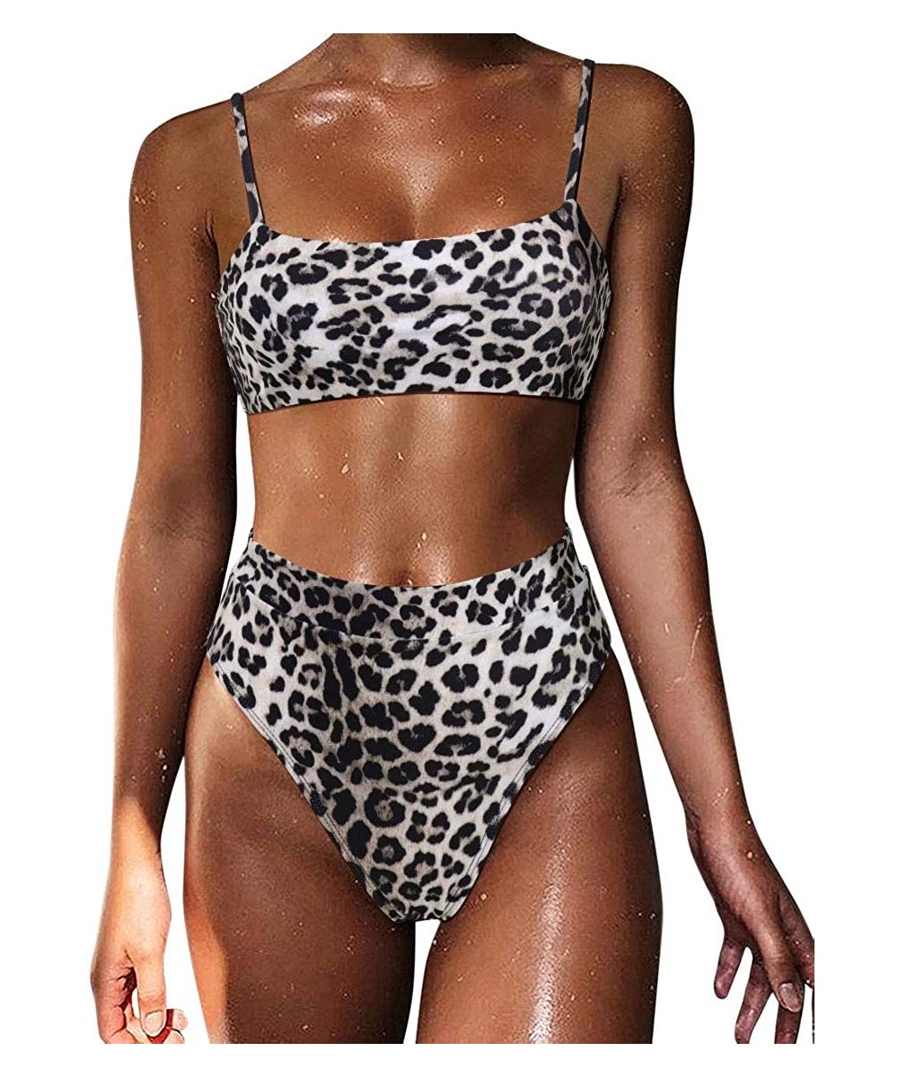 Sets Women High Wasited Bikini Shoulder Strap 2 Piece High Cut String Swimsuits - 64 Grey Leopard - CE198KOR8O7