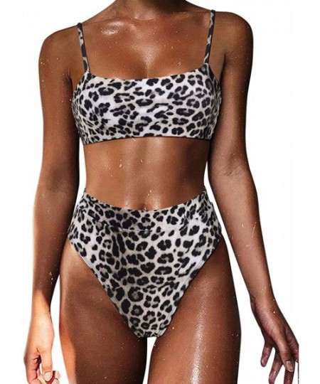 Sets Women High Wasited Bikini Shoulder Strap 2 Piece High Cut String Swimsuits - 64 Grey Leopard - CE198KOR8O7