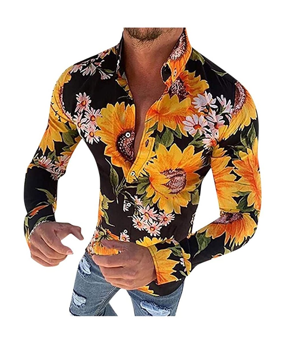 Rash Guards Men's Causal Long Sleeve Flower Printed Single Breasted Shirt Fit Slim Tee Blouse Top - Yellow - CW1942HYE6R