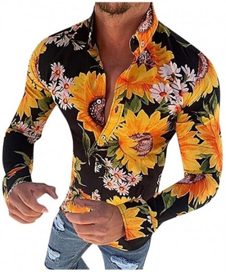 Rash Guards Men's Causal Long Sleeve Flower Printed Single Breasted Shirt Fit Slim Tee Blouse Top - Yellow - CW1942HYE6R