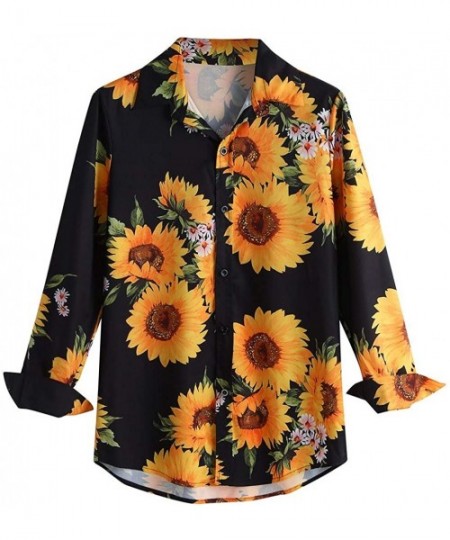 Rash Guards Men's Causal Long Sleeve Flower Printed Single Breasted Shirt Fit Slim Tee Blouse Top - Yellow - CW1942HYE6R