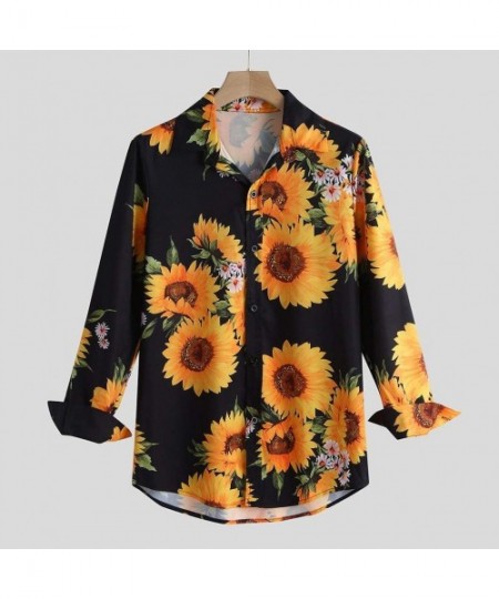 Rash Guards Men's Causal Long Sleeve Flower Printed Single Breasted Shirt Fit Slim Tee Blouse Top - Yellow - CW1942HYE6R