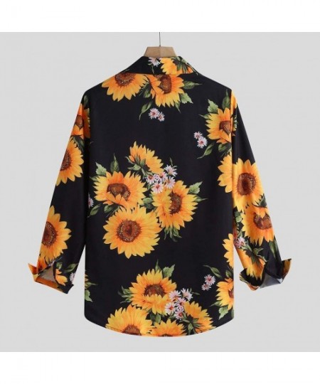 Rash Guards Men's Causal Long Sleeve Flower Printed Single Breasted Shirt Fit Slim Tee Blouse Top - Yellow - CW1942HYE6R