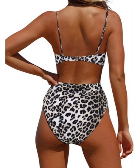 Sets Women High Wasited Bikini Shoulder Strap 2 Piece High Cut String Swimsuits - 64 Grey Leopard - CE198KOR8O7