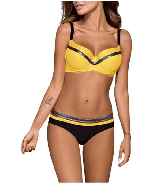 Bottoms Womens 2 Piece Bikini Set Padded Push Up Swimsuit Bathing Suit Swimwear Color Block Beachwear - Yellow - CN196D0ENC7