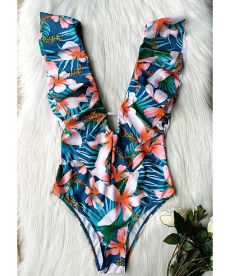 One-Pieces Women One Piece Swimsuit V-Neck Ruffle Bathing Suit Padded Monokini - Print25 - CH19D6H3SZ7