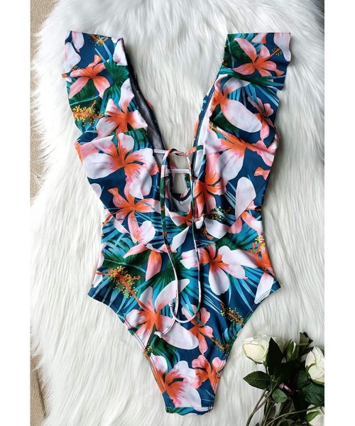 One-Pieces Women One Piece Swimsuit V-Neck Ruffle Bathing Suit Padded Monokini - Print25 - CH19D6H3SZ7