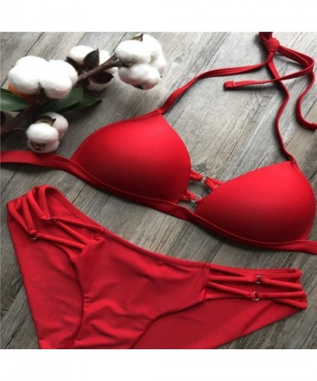 Sets ⭐Women's Two Piece Bikini Push Up Halter Swimsuit Solid Color Bathing Suits Womens Strap Padded Bikini Set - CD194W4NLGA