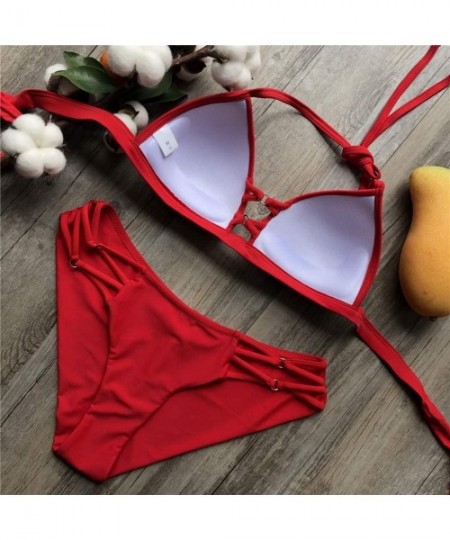 Sets ⭐Women's Two Piece Bikini Push Up Halter Swimsuit Solid Color Bathing Suits Womens Strap Padded Bikini Set - CD194W4NLGA