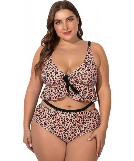 Tankinis Women's Plus Size Leopard Ruffle Bralette Strappy Cutout Bikini Swimsuit - Leopard - CR19364GNR2