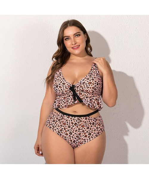 Tankinis Women's Plus Size Leopard Ruffle Bralette Strappy Cutout Bikini Swimsuit - Leopard - CR19364GNR2