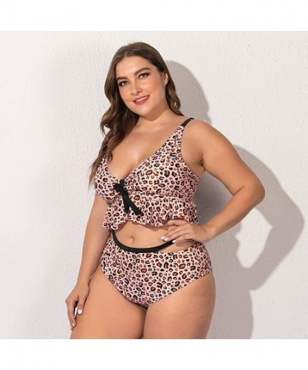 Tankinis Women's Plus Size Leopard Ruffle Bralette Strappy Cutout Bikini Swimsuit - Leopard - CR19364GNR2