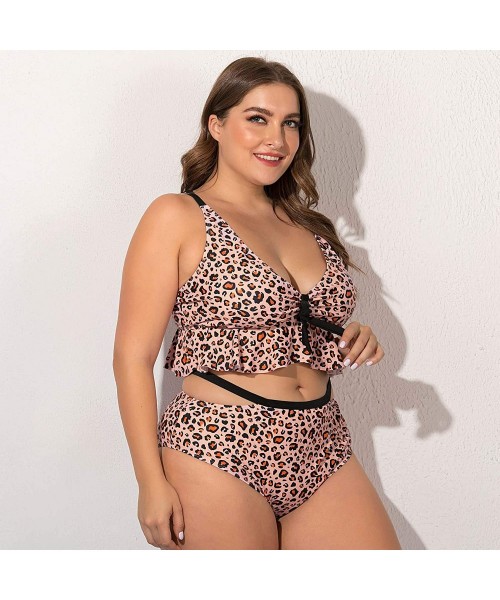 Tankinis Women's Plus Size Leopard Ruffle Bralette Strappy Cutout Bikini Swimsuit - Leopard - CR19364GNR2