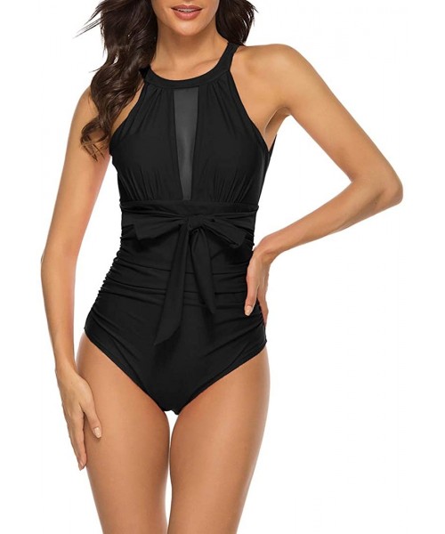 One-Pieces Womens One Piece Swimsuits for Women High Neck Mesh V NeckTummy Control Monokini Bathing Suit - Black - CQ19D3LYZ8Z