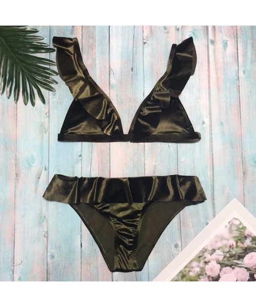 Sets Swimwear for Womens Sexy Swimming Solid Ruffled 2 Pieces Bathing Suit Beachwear Swimsuit Sets Bikini Army Green - C618NI...