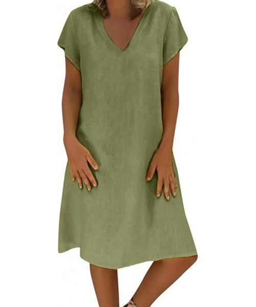 Cover-Ups Dresses for Women Boho Solid Linen Aline Dress Round Neck T Shirt Dress Bikini Cover Up Gifts Womens Dresses Green ...