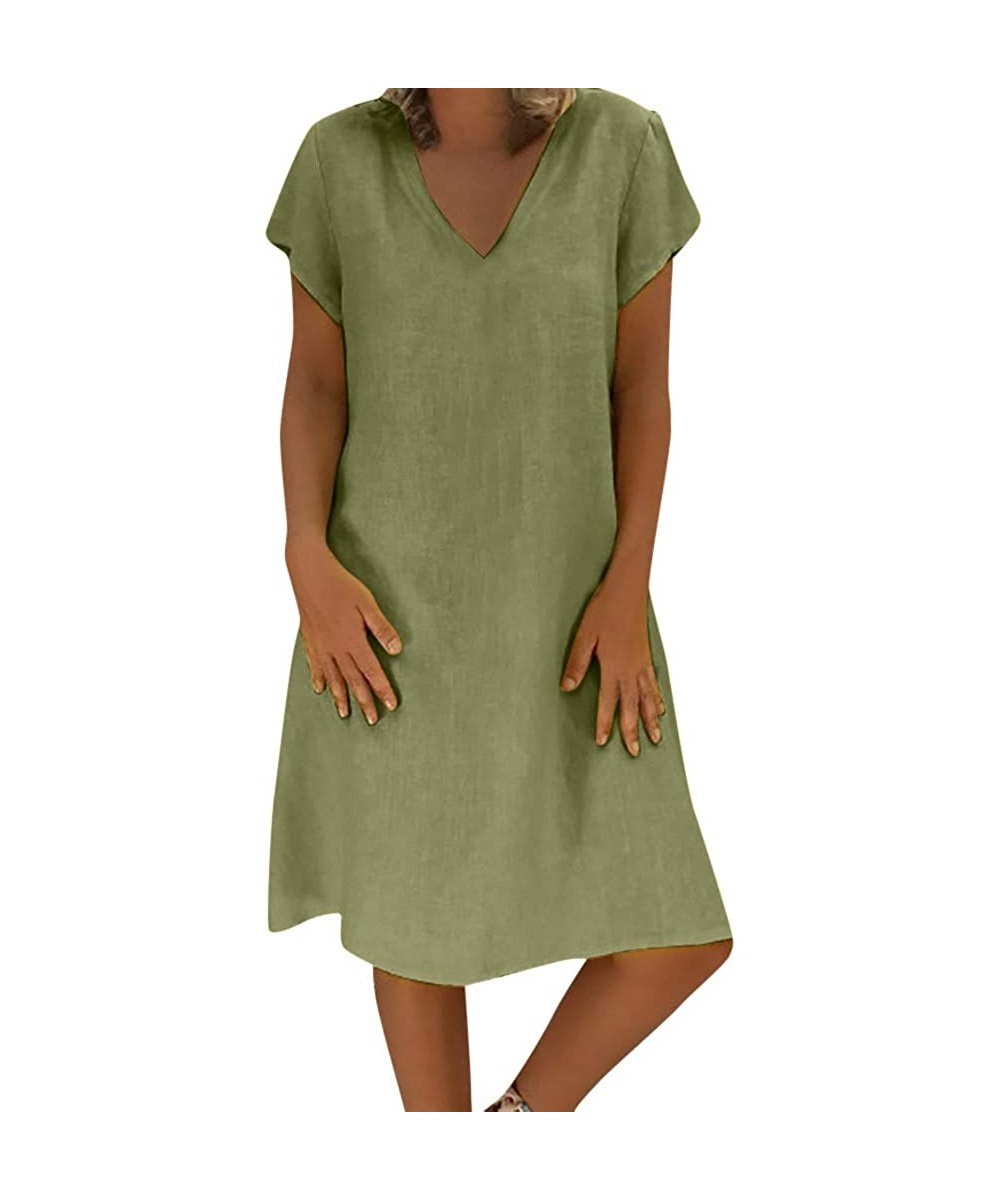 Cover-Ups Dresses for Women Boho Solid Linen Aline Dress Round Neck T Shirt Dress Bikini Cover Up Gifts Womens Dresses Green ...