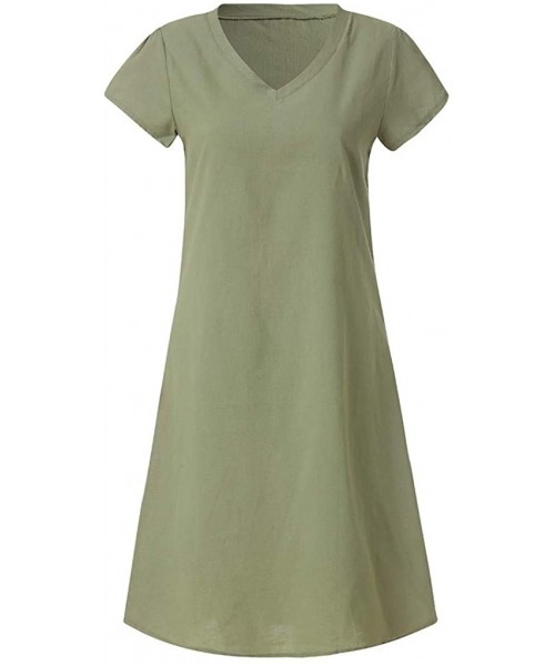 Cover-Ups Dresses for Women Boho Solid Linen Aline Dress Round Neck T Shirt Dress Bikini Cover Up Gifts Womens Dresses Green ...