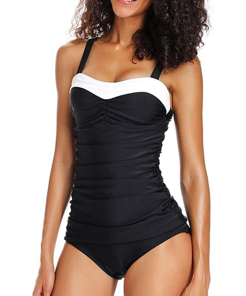 One-Pieces Women's Retro Tummy Control One Piece Swimsuit Bandeau Bathing Suit Swimwear - Black - CF18ROITECK