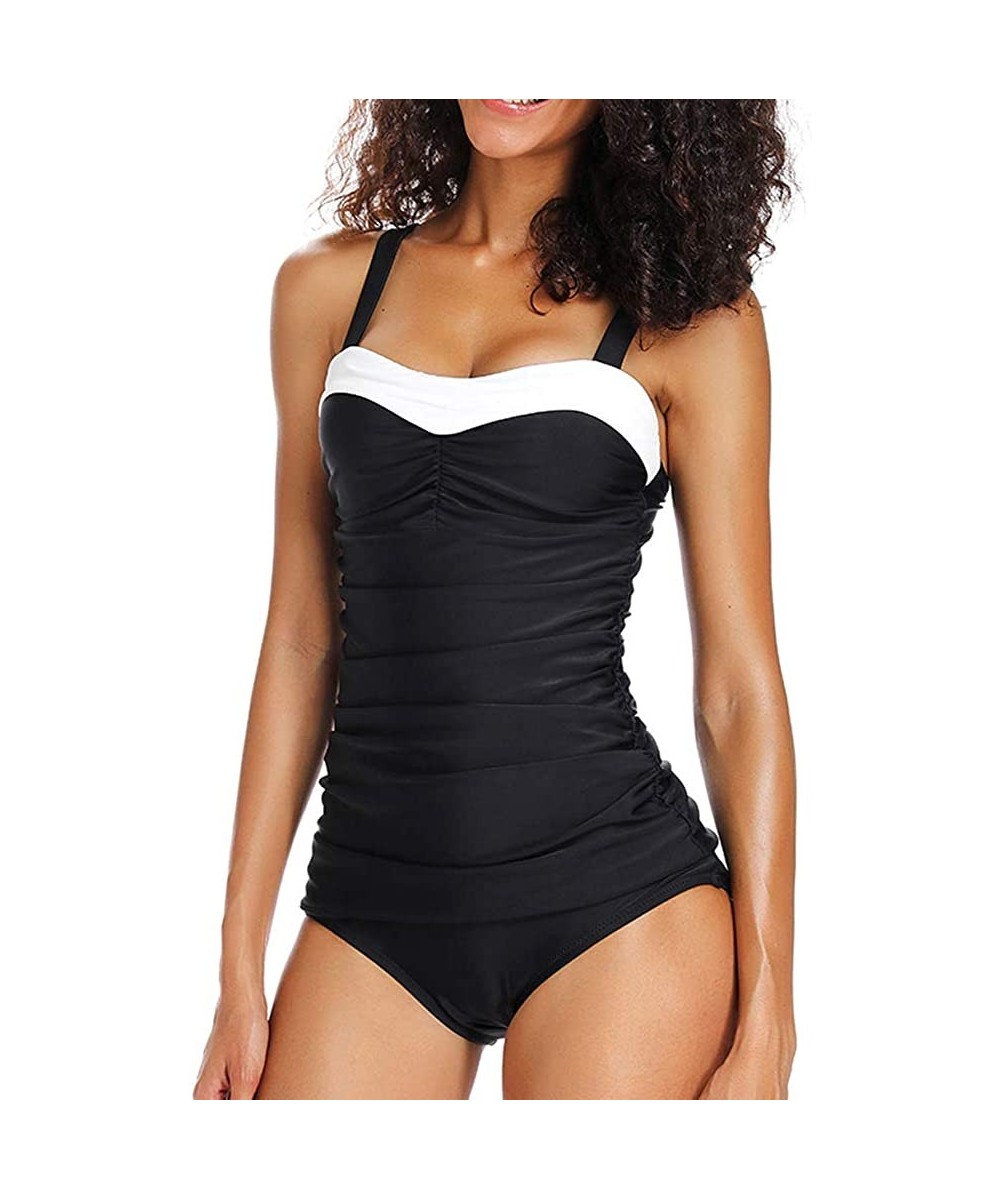 One-Pieces Women's Retro Tummy Control One Piece Swimsuit Bandeau Bathing Suit Swimwear - Black - CF18ROITECK