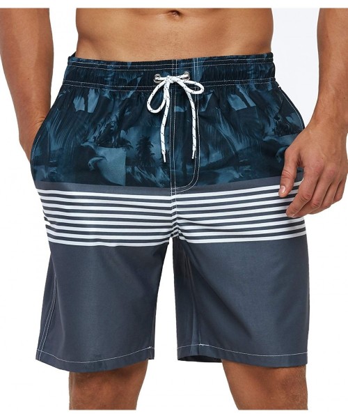 Board Shorts Mens Swim Trunks Quick Dry Beach Swimwear with Mesh Lining - Striped_grey/White/Floral - C819C49M6UT