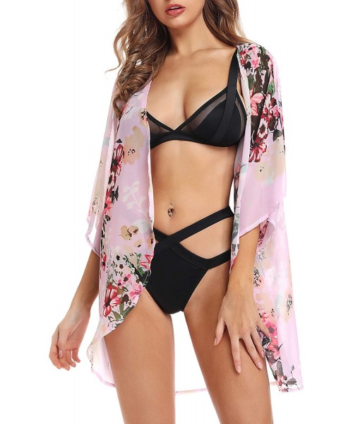 Cover-Ups Women's Floral Kimono Half Sleeve Shawl Chiffon Open Front Cover Up - Pink&flower - CV18TCAQYQR