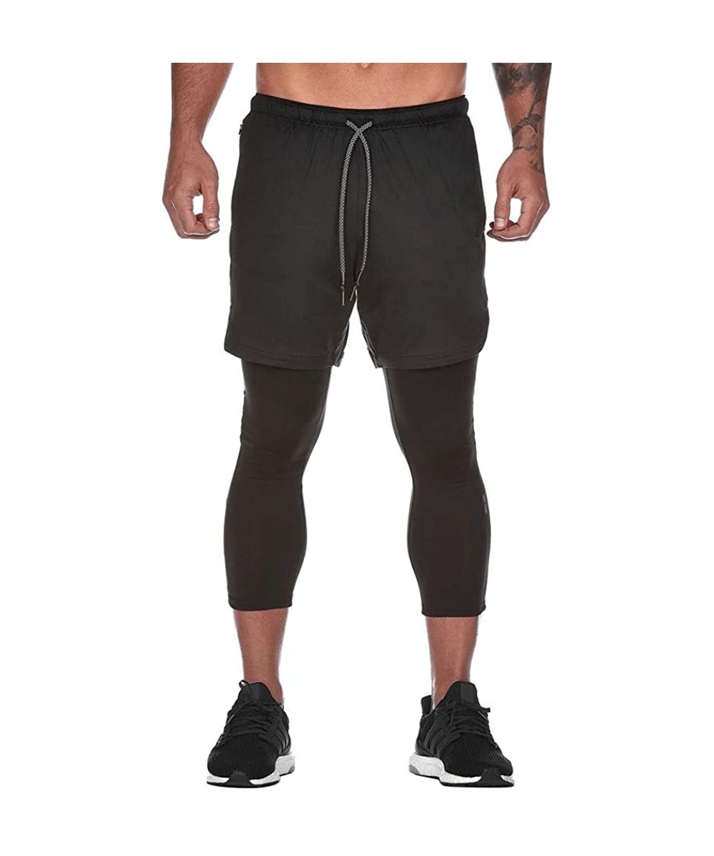 Rash Guards Men's Pants Elastic Waist Gym Workout Fitness Jogger Stretch Shorts Pants with Side Inside Pocket - Black - C018W...