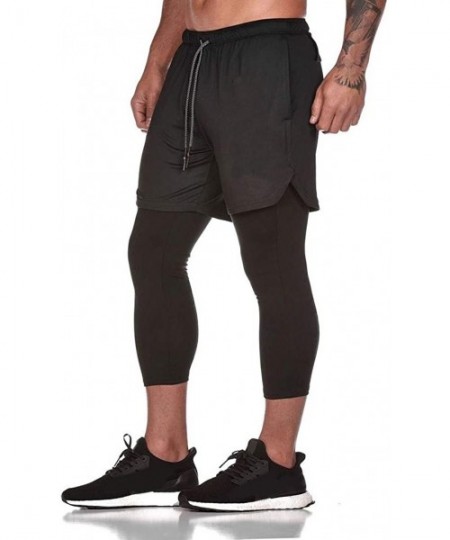 Rash Guards Men's Pants Elastic Waist Gym Workout Fitness Jogger Stretch Shorts Pants with Side Inside Pocket - Black - C018W...