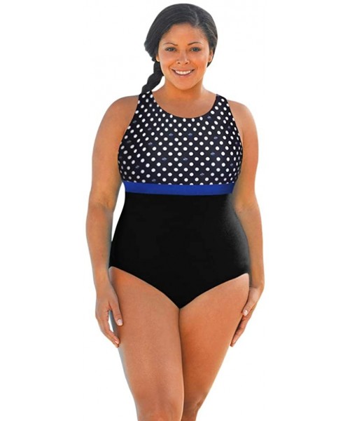 One-Pieces Chlorine Resistant Swimmer Dot Blue and Black Plus Size Print Block High Neck One Piece Swimsuit Size 26W - CJ18A4...