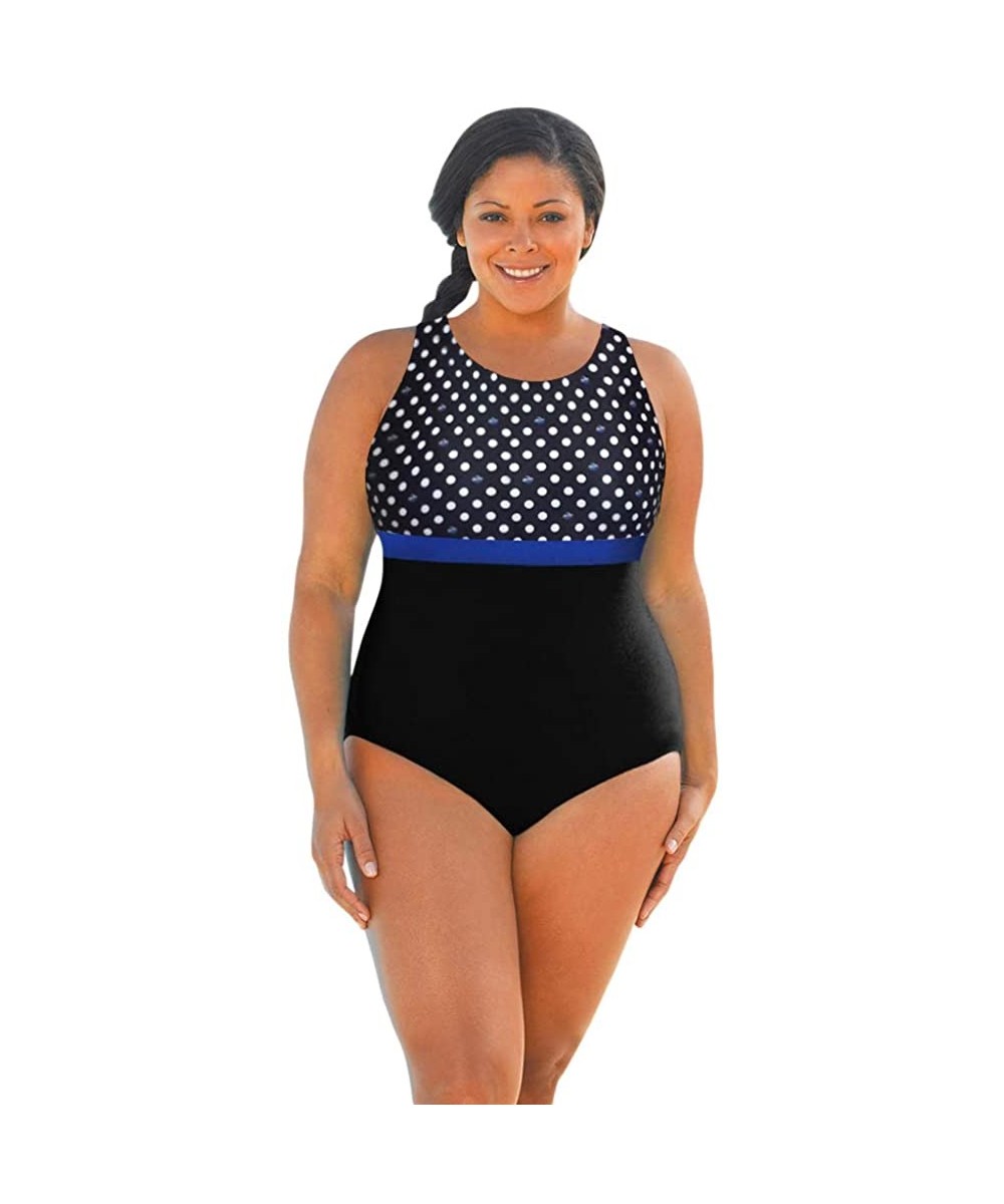 One-Pieces Chlorine Resistant Swimmer Dot Blue and Black Plus Size Print Block High Neck One Piece Swimsuit Size 26W - CJ18A4...