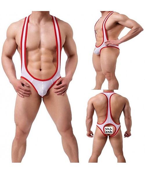 Briefs Men's Sexy Nylon Jockstrap Leotard Underwear Jumpsuits Wrestling Singlet Bodysuit - White - CG18TKSMAAN